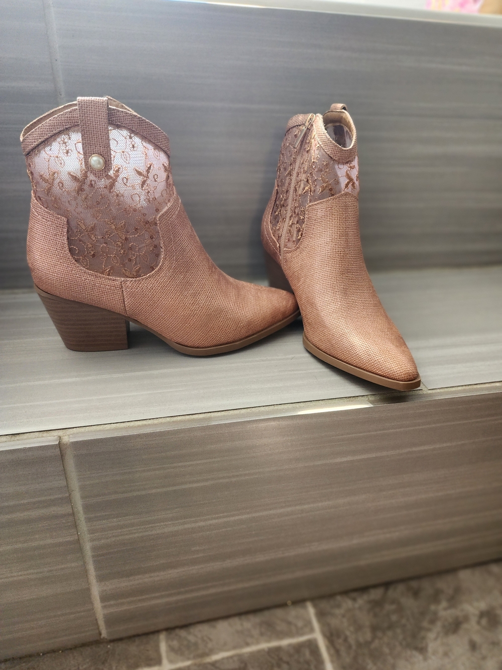 Lace-Panel Ankle Booties in Blush Pink